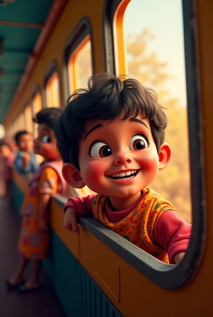 Create an 4k realistic image of 12 year boy he wear a white tshirt printed on "SUBHAM" and he is playing a ride in big fair and he is happy 