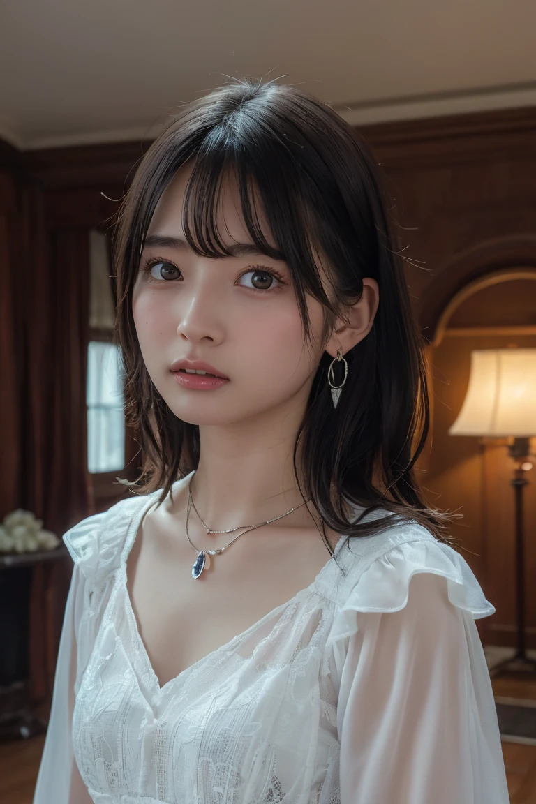 NFSW、masutepiece、​masterpiece、1 girl in、(close up of face、cowboy  shot)、Straight front view、japanes、very young cute woman、(The cutest girl in the world)、15yo student、Smaller face、large full breasts、Autumn knit jacket、Sheer inner、Chiffon skirt、Ultra-detailed costumes、Smiling in a café、Scrunchie、Thin necklace、Glamorous figure、hyper cute face、shiny lip、Double eyelids in both eyes、 natural make up、long eyeslashes、shiny smooth light brown hair、bangss、Short twin tail hair、asymmetrical bangs、image in center、8K分辨率、high détails、Detailed hairstyles、A detailed face、spectacular movie lighting、octane renderings、with a vibrant、Ultra-realistic、Perfect limbs、perfect anatomia