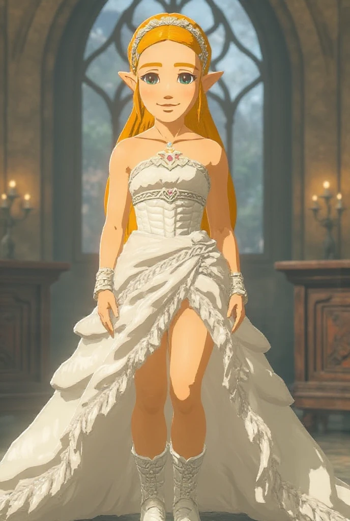 1girl, solo, Princess Zelda, blonde hair, long hair, elf ears, small breasts, cleavage, beautiful face, red lipstick, purple mascara, strapless white wedding dress, bare shoulders, frilly hem, (sheer skirt), white wedding veil,, face veil, white wedding gloves, white wedding boots, full body shot, extremely detailed clothing, very detailed, in a church, shy smile, detailed background, professional lighting, anime style, looking at camera, ((detailed face)), standing, frilly hem, 