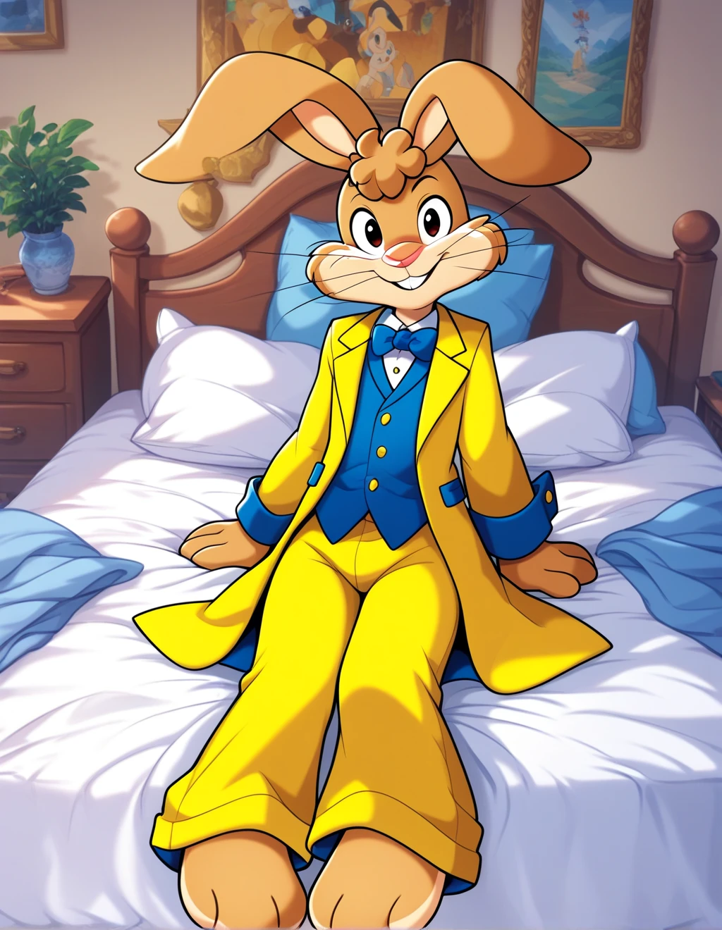 masterpiece, best quality, 8k, quicky,4 fingers,brown fur, yellow tuxedo pants, yellow tuxedo oufit, sitting down on the bed in the bedroom, 25 year old adult, puffy hair, 6 feet tall, cute version of quicky, cute rabbit hair, furry, rabbit, male, female eyeshadows, slim,solo,looking_at_viewer,