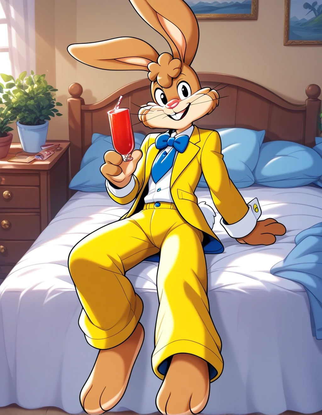 masterpiece, best quality, 8k, quicky,4 fingers,brown fur, yellow tuxedo pants, yellow tuxedo oufit, sitting down on the bed in the bedroom, 25 year old adult, puffy hair, 6 feet tall, cute version of quicky, cute rabbit hair, furry, rabbit, male, female eyeshadows, slim,solo,looking_at_viewer,