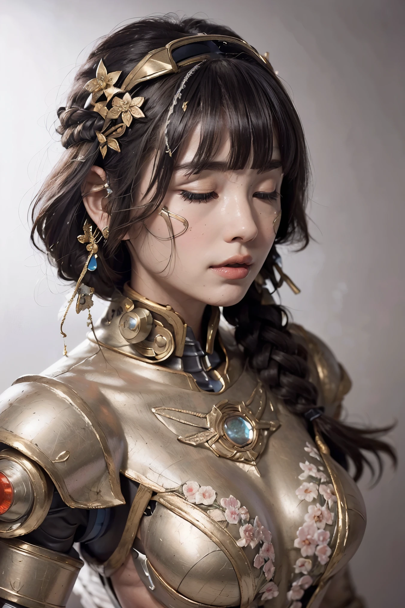 (masterpeace), ((super real photography: 1.5)), ((photo realistic: 1.3)), (real photo), 
young girl with a lot of flowers, ((A young girl robot: 1.5)),  (bust statue: 1.3), 
BREAK
headgear, ((real metalic skin)), ((beautiful face: 1.5)), ((Super cute: 1.5)), ((babyface: 1.5)), ((well-balanced face)), (close eyes: 1.3)), longeyelashes, stunning big eyes, luscious glossy lips, ((blunt bangs: 1.5)), (long hair), 
BREAK
(slender body: 1.3), petite bust, flower bloom, (flowers: 1.5),
BREAK
High-Mechanic body, octane rendering, Super Detailed machine, ((connected electric cables)), 
BREAK
(simple background: 1.3), ((bust shot: 1.3)), cinema quality, professional photograph, (photo studio: 1.5), (Bright Light: 1.2), Eye-Level Shot, wide lens, (fujifilm 35mm), (film photo), RAW, Excessive Embellishment, UHD, 
BREAK
anatomically correct, textured skin, best quality, 8k