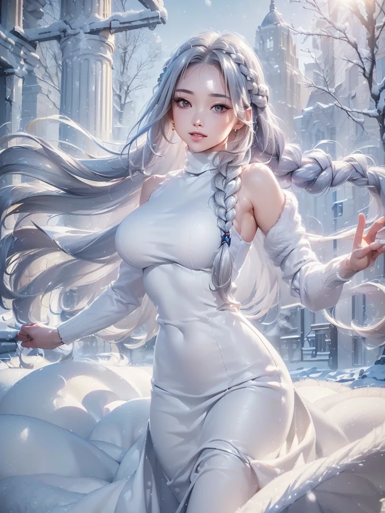 ((masterpiece:1.5、8k、Portraiture、Photorealistic and very detailed CG、Very detailed、Particle Effects、Dynamic Effects、Written boundary depth、Cinematic Light、Lens flare、Ray Tracing、Tabletop、Realistic:1.4、Ultra-high resolution:1.2、Realistic、Realistic))((alone、winter girl、Turtleneck sweater,No sleeve, shoulders, Long skirt, Taking off her fur coat. Detailed face、brightexpression、young, bright, Whiter skin、Medium chest、Side bust, Best Looks、Ultimate beauty、Shiny silver hair with highlights、bright and shiny hair,、Thick braids、Hair dancing in the wind))(Plain background)
