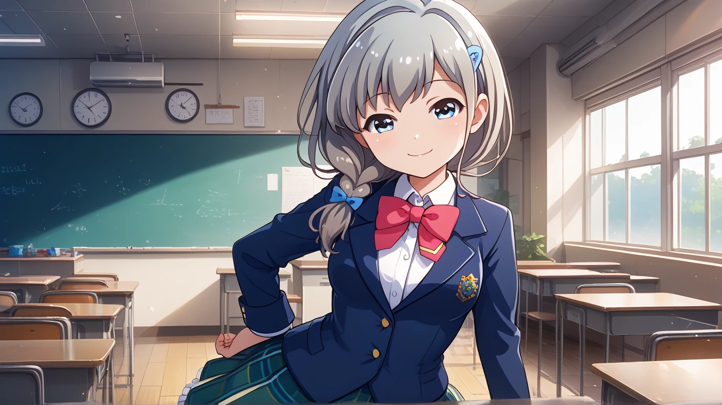 (masterpiece, best quality), highly detailed background, perfect lighting, best quality, batogaharuka, solo, looking at viewer, smile, grey hair, single braid, hair over shoulder, hair ribbon, blue ribbon, hairclip, long hair, blue eyes, medium breasts, blue jacket, blazer, red bowtie, white shirt, long sleeves, hand on hip, hand up, green skirt, plaid skirt, black pantyhose, school uniform, standing, indoors, classroom