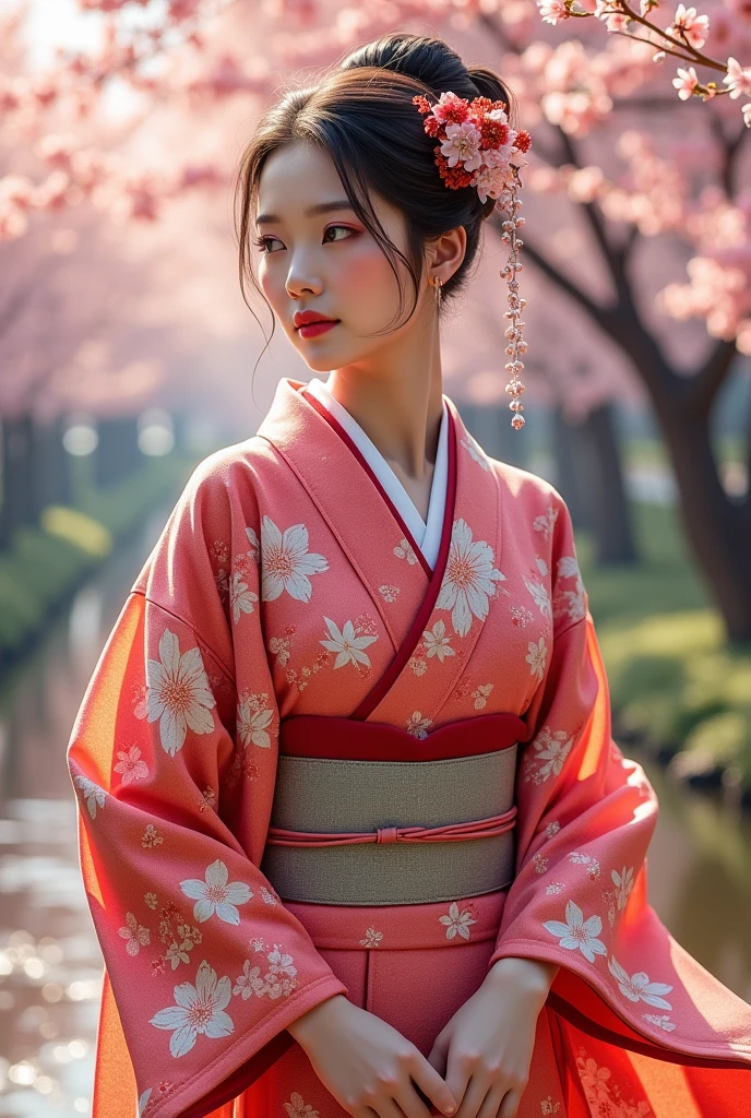 A gorgeous kimono with cherry blossom pattern on top