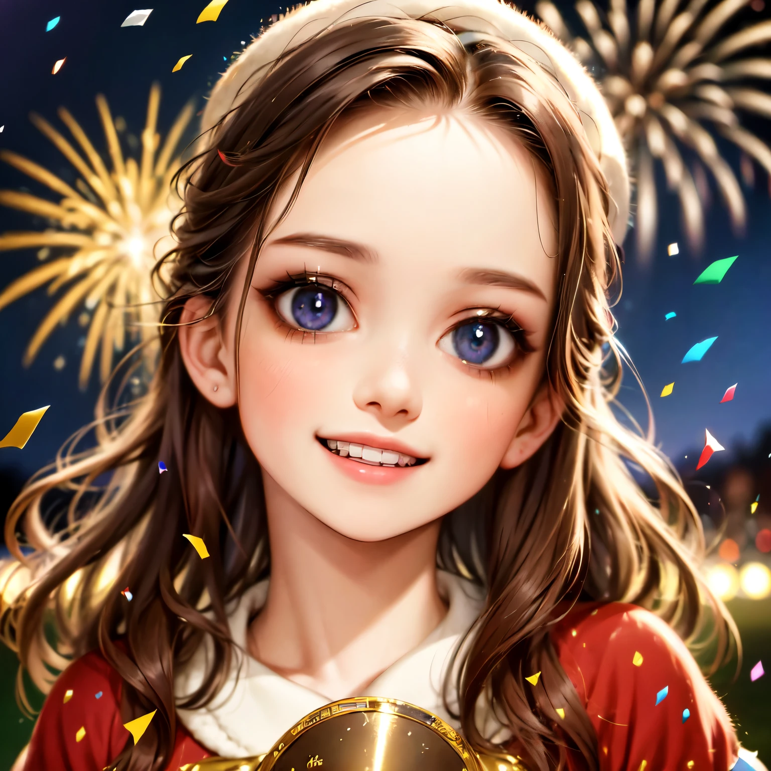 cute boys, 1boy, happy new year, new year, detailed face, beautiful detailed eyes, beautiful detailed lips, extremely detailed eyes and face, long eyelashes, happy expression, smiling, wearing  hat, confetti, fireworks,in background a ,  warm lighting, vibrant colors, cinematic lighting, award winning photo, hyper detailed, 8k, high resolution, masterpiece