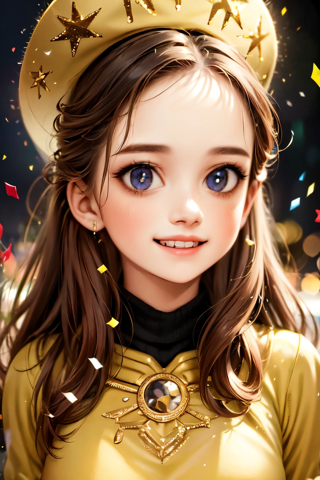 cute boy and girls, happy new year, new year, detailed face, beautiful detailed eyes, beautiful detailed lips, extremely detailed eyes and face, long eyelashes, happy expression, smiling, wearing hat, confetti, fireworks,in background a , warm lighting, vibrant colors, cinematic lighting, award winning photo, hyper detailed, 8k, high resolution, masterpiece