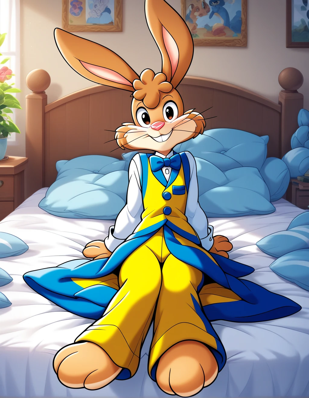 masterpiece, best quality, 8k, quicky,4 fingers,brown fur, yellow tuxedo pants, yellow tuxedo oufit, sitting down on the bed in the bedroom, 25 year old adult, puffy hair, 6 feet tall, cute version of quicky, cute rabbit hair, furry, rabbit, male, female eyeshadows, slim,solo,looking_at_viewer,