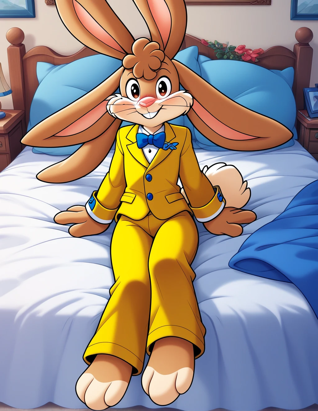 masterpiece, best quality, 8k, quicky,4 fingers,brown fur, yellow tuxedo pants, yellow tuxedo oufit, sitting down on the bed in the bedroom, 25 year old adult, puffy hair, 6 feet tall, cute version of quicky, cute rabbit hair, furry, rabbit, male, female eyeshadows, slim,solo,looking_at_viewer,