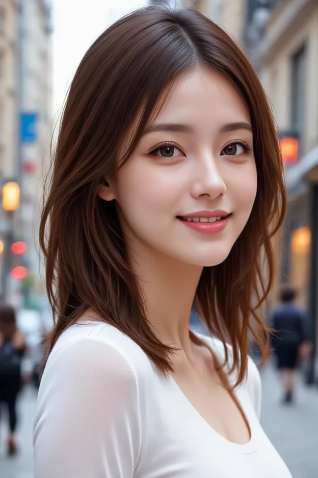 ((masterpiece)), ((Highest quality)), ((Complex)), ((Surreal)), (Realistic), (Mature Woman), ((There are no classes)), Very detailed, (1 female), Beautiful and exquisite, (Beautiful Teeth), Grin, Brunette Bob Hair, Brown eyes, ((blouse)), (Upper Body), (background:none), Perfect Eyes, Captivating eyes, Looking at the audience