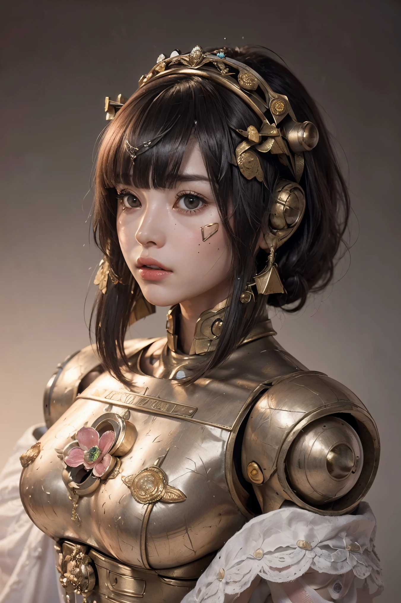 (masterpeace), ((super real photography: 1.5)), ((photo realistic: 1.3)), (real photo), 
young girl with a lot of flowers, ((A young girl robot: 1.5)),  (bust statue: 1.3), 
BREAK
headgear, ((real metalic skin)), ((beautiful face: 1.5)), ((Super cute: 1.5)), ((babyface: 1.5)), ((well-balanced face)), longeyelashes, stunning big eyes, luscious glossy lips, ((blunt bangs: 1.5)), (long hair), 
BREAK
(slender body: 1.3), petite bust, flower bloom, (flowers: 1.5),
BREAK
High-Mechanic body, octane rendering, Super Detailed machine, ((connected electric cables)), 
BREAK
(simple background: 1.3), ((bust shot: 1.3)), cinema quality, professional photograph, (photo studio: 1.5), (Bright Light: 1.2), Eye-Level Shot, wide lens, (fujifilm 35mm), (film photo), RAW, Excessive Embellishment, UHD, 
BREAK
anatomically correct, textured skin, best quality, 8k