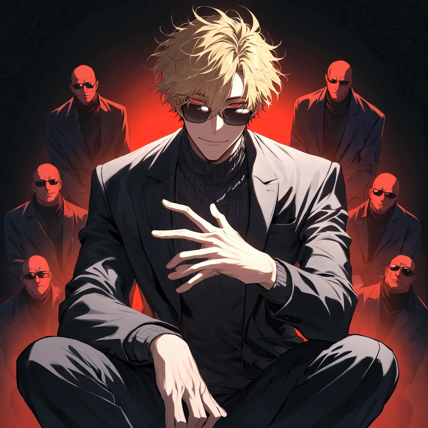 (solo), (1 male), (1 man), handsome men, (one man with blonde hair with black inner hair color, red eyes), short hair, messy hair, sunglasses,((masterpiece)), (dark background: 1.3), (stylish), White knit,dynamic angle, (detailed face, detailed eyes, proportional hands, proportional anatomy), sitting in a relaxed pose, sinister atmosphere, a nihilistic smile,black background