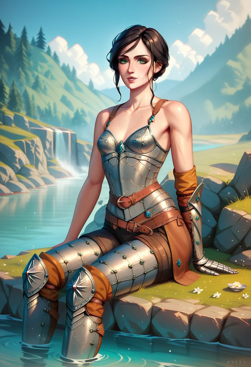 (solo, 1 fit girl, masterpiece, best quality, small breasts, witcher armour) An illustration of a young woman in a medieval setting. She is sitting on a rocky shore near the water, resting one hand on the ground while lightly touching her head with the other. The woman is slender with a well-defined fit build and super narrow wasp-waist. She has short black hair. Her eyes are grey, expressive, and have a greenish hue. She is wearing a form-fitting black sleeveless tank top and armor: metallic plate greaves, a single shoulder pauldron, and detailed metal boots. Next to her lies a katana with a simple yet elegant design, planted in the ground. The background consists of warm and cozy medieval war-camp with bonefire. The atmosphere is calm, with soft, diffused lighting highlighting the details of her metallic armor and the textures of the rocks. Ensure the proportions of her body are realistic, and the pose conveys a dynamic yet relaxed feel.