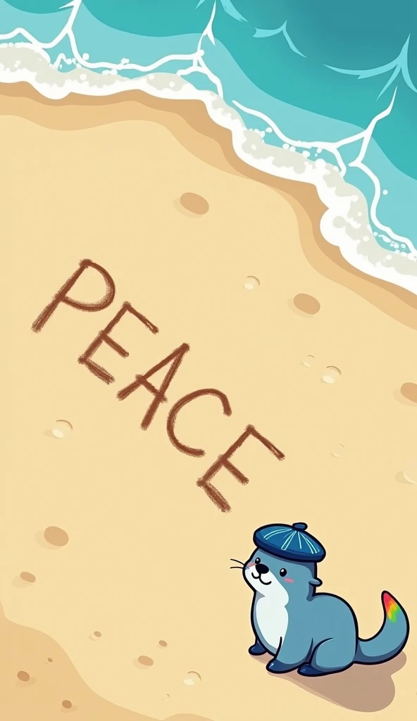 A cartoon style illustration of a sea otter (blue fur, adorable, mischievous smile, deep blue beret hat with blue and white wavy patterns, tail with a colorful tip) writing the word "PEACE" across the beach using its tail. top down view.