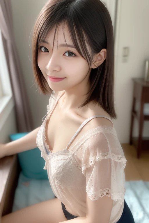 thoracic、 take off the blouse 、 with the focus on the chest、(( realistic skin types ))、( lean forward:1.3)、( oversized blouse 、  loose blouse 、 close portrait :1.2)、( top quality、8k、32K、masterpiece)、(Detailed Bra)、 Japanese 、28 years old、 very cute girl sinking、 beautiful girl 、 squat、 bright smile、 living room 、 bright room、 Blurry Backgrounds 、 shortcuts、 Upper Body Closeup 、Shooting from above, nsfw