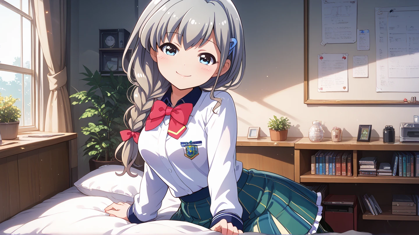 (masterpiece, best quality), highly detailed background, perfect lighting, best quality, batogaharuka, solo, looking at viewer, smile, grey hair, single braid, hair over shoulder, hair ribbon, blue ribbon, hairclip, long hair, blue eyes, medium breasts, red bowtie, collared shirt, white shirt, long sleeves, green skirt, plaid skirt, black pantyhose, school uniform, sitting, on bed, indoors, school clinic