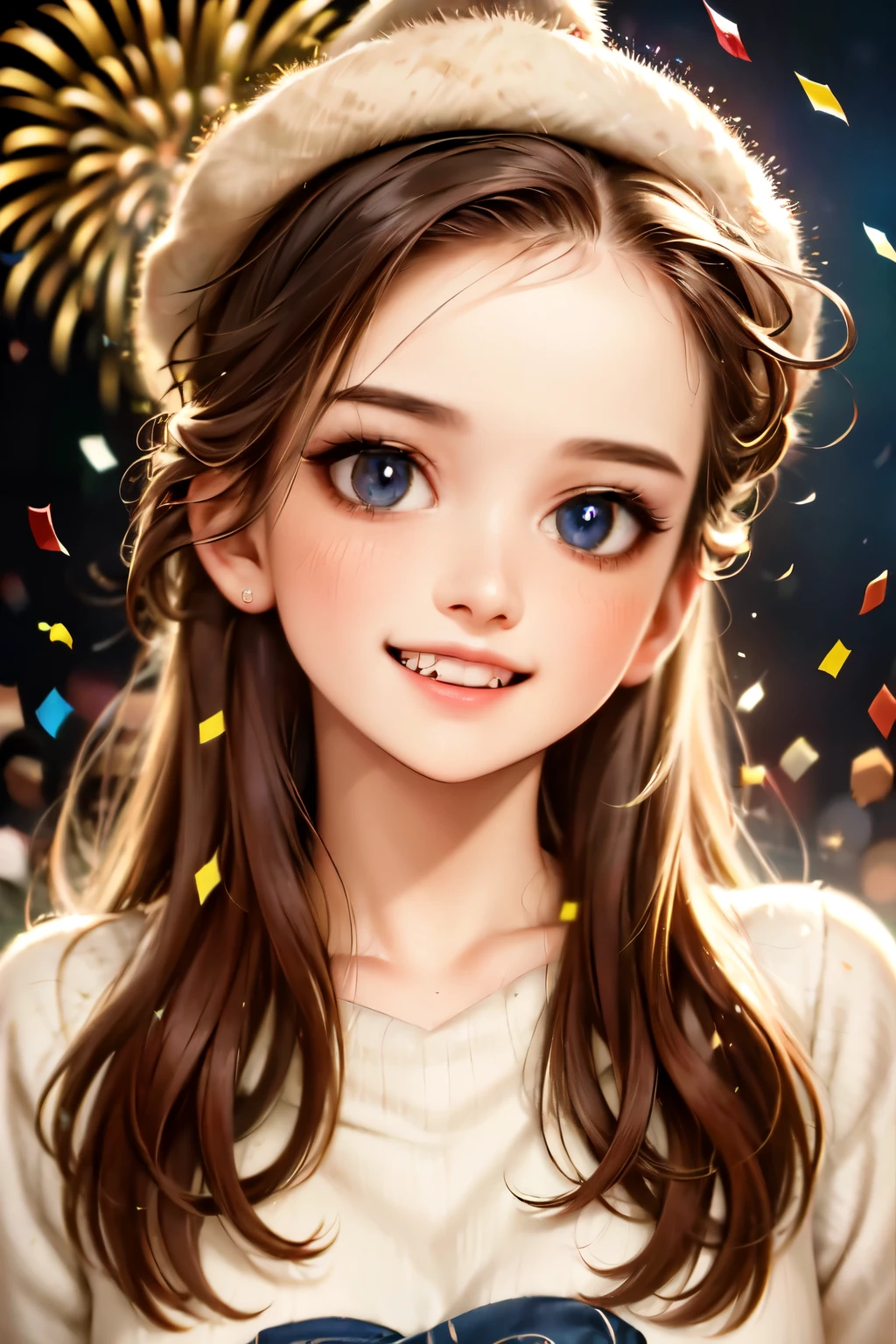 cute boy and girls, happy new year, new year, detailed face, beautiful detailed eyes, beautiful detailed lips, extremely detailed eyes and face, long eyelashes, happy expression, smiling, wearing hat, confetti, fireworks,in background a , warm lighting, vibrant colors, cinematic lighting, award winning photo, hyper detailed, 8k, high resolution, masterpiece