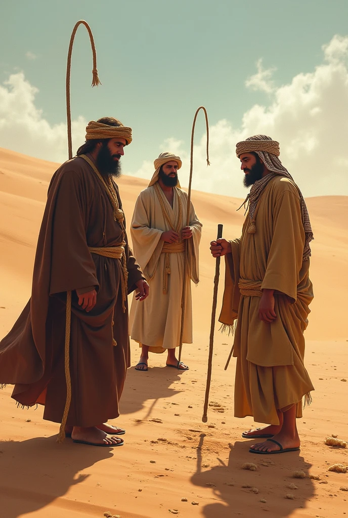 Create a realistic image of an old ancient Israeli man in a white robe with a staff in his hand in the village of ancient Israel with men and women in white robes of his realistic
