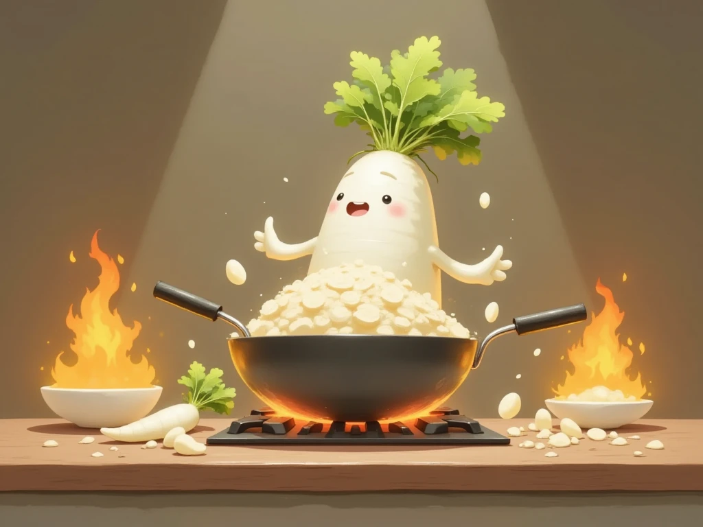 masterpiece:1.3,  cute radish,  Chinese restaurant kitchen ,  fiery stove , Large wok, Anthropomorphic daikon ,  A daikon with a headband is sifting a wok to make fried rice,  fried rice floats in the air ,  cooking, ((china hotel,  Chinese-style restaurant ))