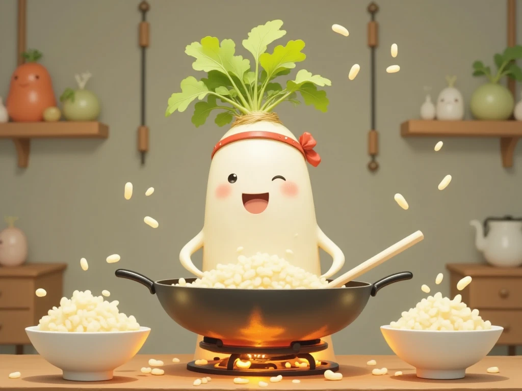 masterpiece:1.3,  cute radish,  Chinese restaurant kitchen ,  fiery stove , Large wok, Anthropomorphic daikon ,  A daikon with a headband is sifting a wok to make fried rice,  fried rice floats in the air ,  cooking, ((china hotel,  Chinese-style restaurant ))