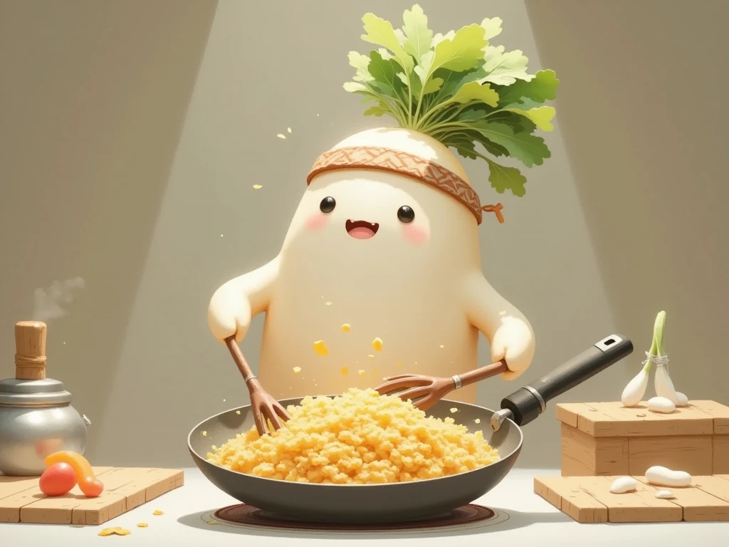 masterpiece:1.3,  cute radish,  Chinese restaurant kitchen ,  fiery stove , Large wok, Anthropomorphic daikon ,  A daikon with a headband is sifting a wok to make fried rice,  fried rice floats in the air ,  cooking, ((china hotel,  Chinese-style restaurant ))