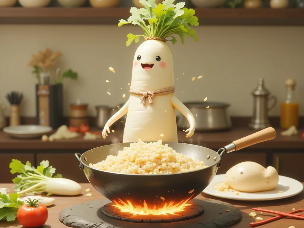 masterpiece:1.3,  cute radish,  Chinese restaurant kitchen ,  fiery stove , Large wok, Anthropomorphic daikon ,  A daikon with a headband is sifting a wok to make fried rice, I'm hurting rice containing eggs, green onions, and meat,  fried rice floats in the air ,  cooking, ((china hotel,  Chinese-style restaurant ))