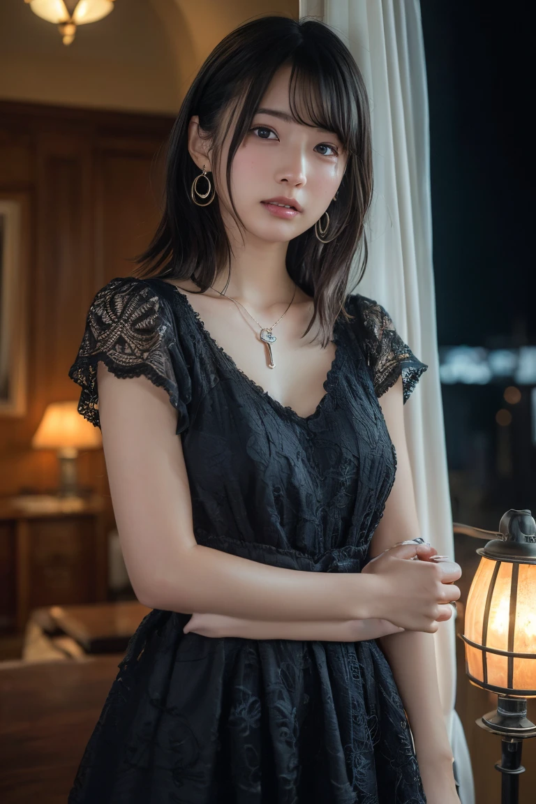 Cowboy Shot、(Updo with bangs)、straggling hair、Black Hair、(Hanging Hair)、((widow))、((mourning dress))、((((Black long sleeve mourning clothes))))、(((Japanese-style room)))、((((Funeral))))、Black formal wear、Highest quality,(RAW Photos:1.2)、(Realistic:1.4),(High resolution:1.4), 1 Girl, Written boundary depth,, Exquisitely crafted,8K, Very detailed, Perfect lighting, Spectacular Background、((Delicate painting)),(の詳細なRAW Photos),(Highest quality:1.6), (超High resolution:1.5), (Realistic:1.75), 8K resolution, Canon EOS R5, 50mm, Very detailedな,Cinema Lighting,Correct finger、sit、Pearl Necklace、Pearl Earrings、(Clothing that covers the chest)、((There is a coffin))、((Minimally revealing clothing))、(The altar is decorated with a bouquet of chrysanthemums.)、candlestick、