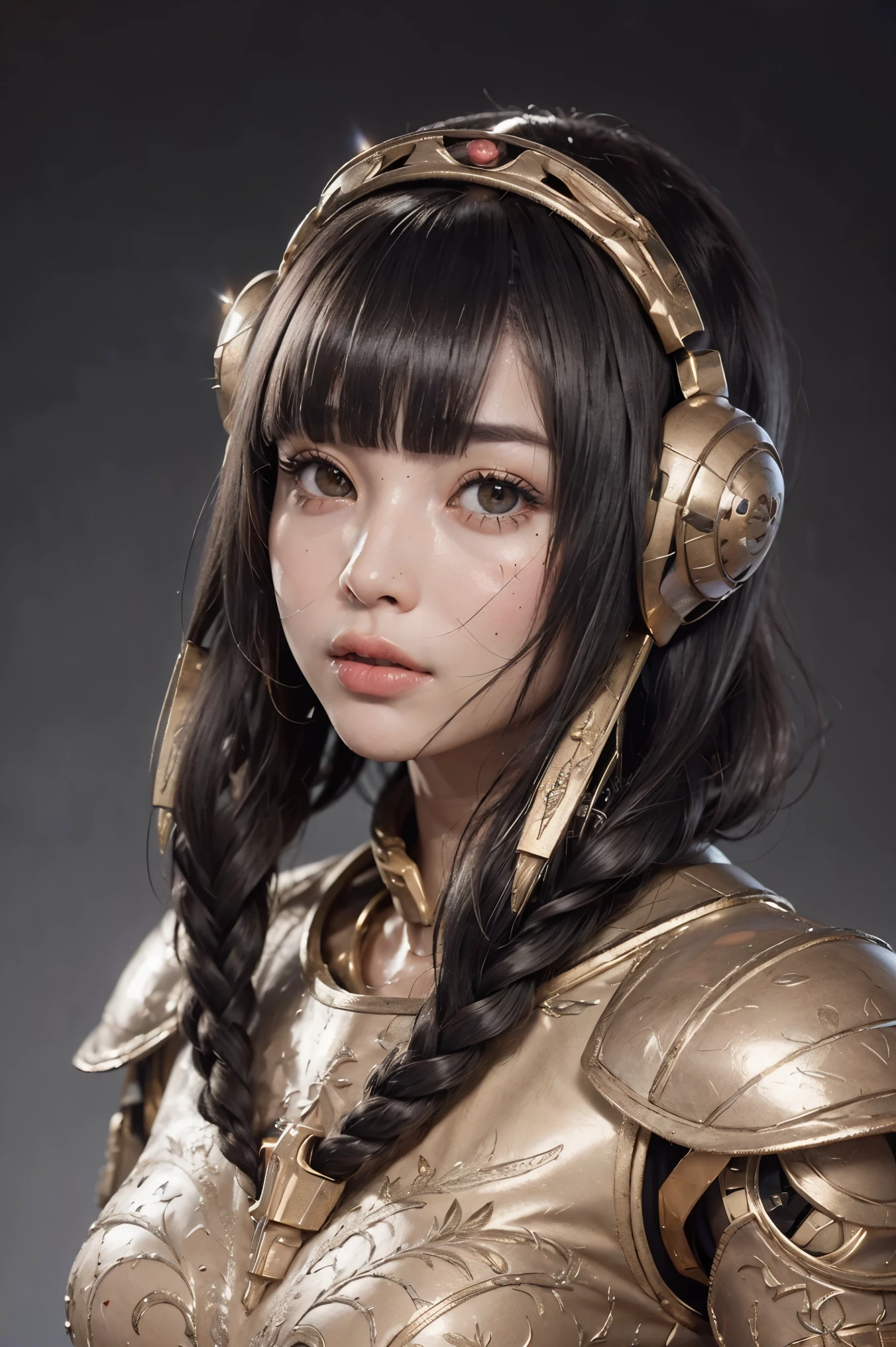 (masterpeace), ((super real photography: 1.5)), ((photo realistic: 1.3)), (real photo), 
young girl with a lot of flowers, ((A young girl robot: 1.5)),  (bust statue: 1.3), 
BREAK
headgear, ((real metalic skin)), ((beautiful face: 1.5)), ((Super cute: 1.5)), ((babyface: 1.5)), ((well-balanced face)), longeyelashes, stunning big eyes, luscious glossy lips, ((blunt bangs: 1.5)), (long hair), 
BREAK
(slender body: 1.3), petite bust, flower bloom, (flowers: 1.5),
BREAK
High-Mechanic body, octane rendering, Super Detailed machine, ((connected electric cables)), 
BREAK
(simple background: 1.3), ((bust shot: 1.3)), cinema quality, professional photograph, (photo studio: 1.5), (Bright Light: 1.2), Eye-Level Shot, wide lens, (fujifilm 35mm), (film photo), RAW, Excessive Embellishment, UHD, 
BREAK
anatomically correct, textured skin, best quality, 8k