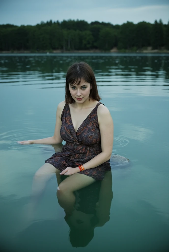 A young woman is seated on a rock in shallow water. 


The water is a deep teal/green-blue color, reflecting the muted light of the sky. Ripples emanate outward from the woman's position.


The woman is light-skinned and has shoulder-length brown hair. She is positioned in a relaxed but poised posture, partially submerged in the water. Her gaze is directed towards the camera. She is wearing a patterned, dark-colored, wrap-style top/dress, accentuated by intricate floral-like designs of muted colors. A reddish-orange bracelet is visible on her wrist.


The background features a tranquil lake, with the opposite shoreline lined with trees, which are softly outlined against the darkening sky. The water's surface mirrors the treetops and the sky above, creating a calm, mirrored reflection. The mood is serene, slightly moody, with the subdued colors and the still water contributing to an overall peaceful ambiance.