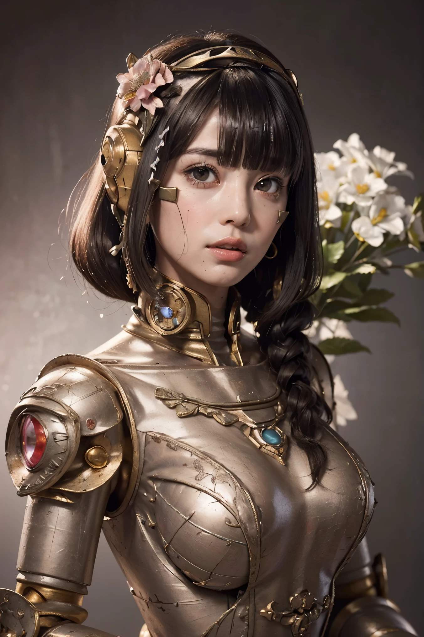 (masterpeace), ((super real photography: 1.5)), ((photo realistic: 1.3)), (real photo), 
young girl with a lot of flowers, ((A young girl robot: 1.5)),  (bust statue: 1.3), 
BREAK
headgear, ((real metalic skin)), ((beautiful face: 1.5)), ((Super cute: 1.5)), ((babyface: 1.5)), ((well-balanced face)), longeyelashes, stunning big eyes, luscious glossy lips, ((blunt bangs: 1.5)), (long hair), 
BREAK
(slender body: 1.3), petite bust, flower bloom, (flowers: 1.5),
BREAK
High-Mechanic body, octane rendering, Super Detailed machine, ((connected electric cables)), 
BREAK
(simple background: 1.3), ((bust shot: 1.3)), cinema quality, professional photograph, (photo studio: 1.5), (Bright Light: 1.2), Eye-Level Shot, wide lens, (fujifilm 35mm), (film photo), RAW, Excessive Embellishment, UHD, 
BREAK
anatomically correct, textured skin, best quality, 8k