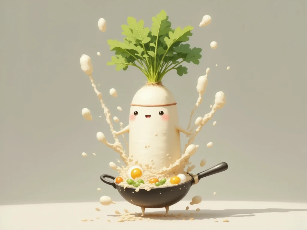 masterpiece:1.3,  cute radish,  Chinese restaurant kitchen ,  fiery stove , Large wok, Anthropomorphic daikon ,  A daikon with a headband is sifting a wok to make fried rice, I'm hurting rice containing eggs, green onions, and meat,  fried rice floats in the air ,  cooking, ((china hotel,  Chinese-style restaurant ))