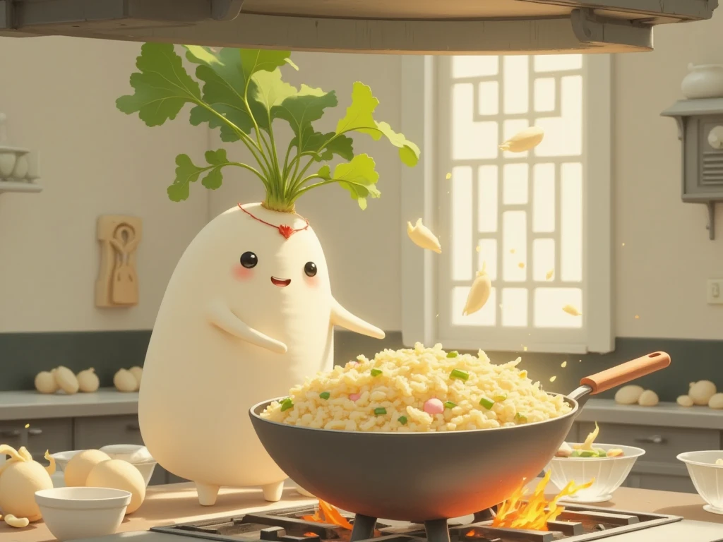 masterpiece:1.3,  cute radish,  Chinese restaurant kitchen ,  fiery stove , Large wok, Anthropomorphic daikon ,  A daikon with a headband is sifting a wok to make fried rice, I'm hurting rice containing eggs, green onions, and meat,  fried rice floats in the air ,  cooking, ((china hotel,  Chinese-style restaurant ))