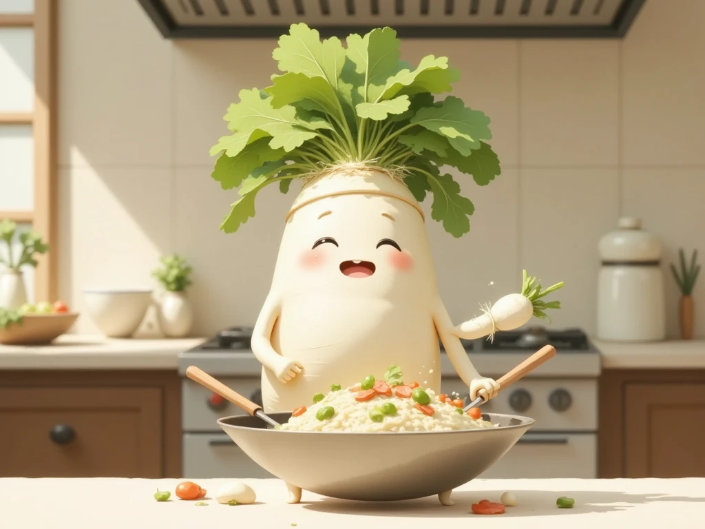 masterpiece:1.3,  cute radish,  Chinese restaurant kitchen ,  fiery stove , Large wok, Anthropomorphic daikon ,  A daikon with a headband is sifting a wok to make fried rice, I'm hurting rice containing eggs, green onions, and meat,  fried rice floats in the air ,  cooking, ((china hotel,  Chinese-style restaurant ))