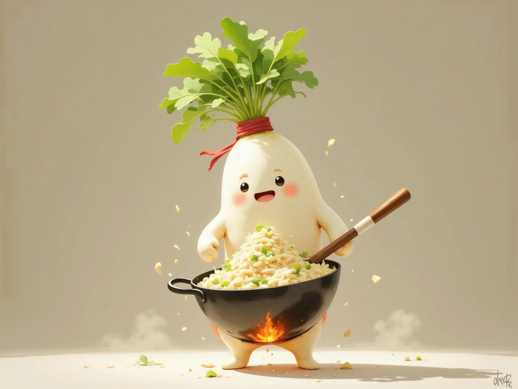 masterpiece:1.3,  cute radish,  Chinese restaurant kitchen ,  fiery stove , Large wok, Anthropomorphic daikon ,  A daikon with a headband is sifting a wok to make fried rice, I'm hurting rice containing eggs, green onions, and meat,  fried rice floats in the air ,  cooking, ((china hotel,  Chinese-style restaurant ))