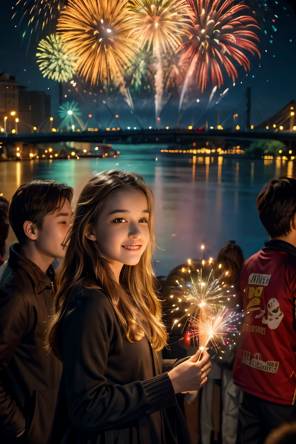 a stunning display of fireworks over a lively new year's eve , colorful explosions in the night sky, celebration atmosphere, people enjoying the , beautiful detailed faces, intricate firework patterns, warm lighting, vibrant colors, detailed realistic rendering, high quality, cinematic composition