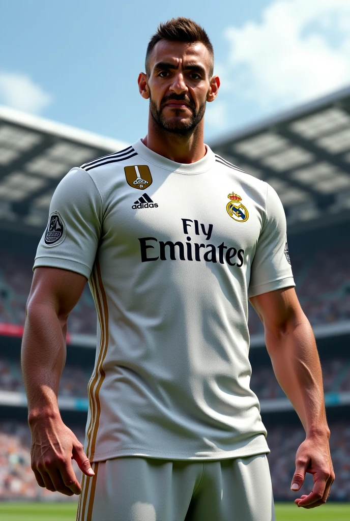 Brazilian gentleman, 25 years old, skin tanned,beautiful and elegant, wearing a Real Madrid uniform, masculine, photo by full body,(ultra details, photorrealistic, best quality, 4K, high resolution, Artwork:1.3), a mature man, charming and distinguished , (muscle building body), Accessories include a luxury wristwatch, muscle veins. real madrid shirt outfit, in front of a stadium.