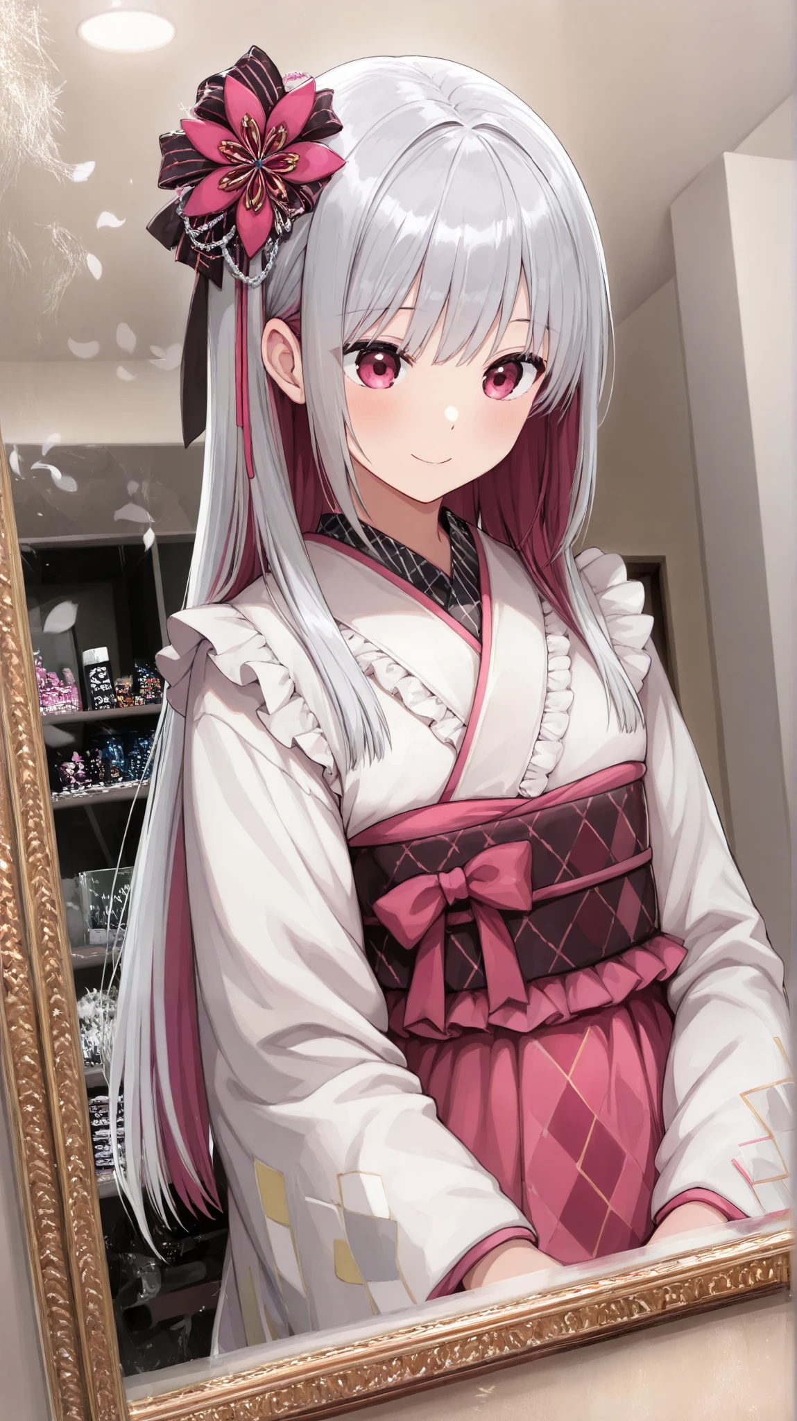   1 girl,Age 19, dress,(straight hair, hair accessories , multicolored hair,  gray hair,Magenta,shining hair:1.4),(Eye color,Magenta), slender,(black,grey,Frills,race,Argyle,petal,Long-sleeved kimono), designer room,{ Daytime, closet in the castle room,In front of the mirror} ,Front angle, ,full longshot,smile,  kimono,(master piece,all detailed,high resolution)