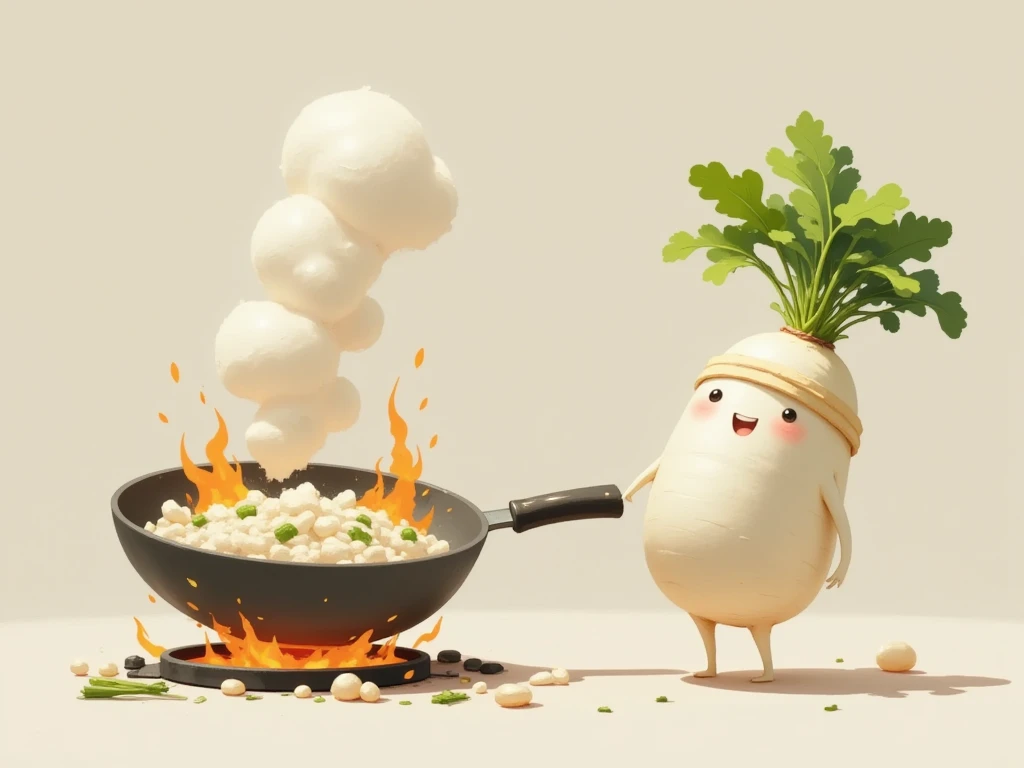 masterpiece:1.3,  cute radish,  Chinese restaurant kitchen ,  fiery stove , Large wok, Anthropomorphic daikon ,  A daikon with a headband is sifting a wok to make fried rice, I'm hurting rice containing eggs, green onions, and meat,  fried rice floats in the air ,  cooking, ((china hotel,  Chinese-style restaurant ))