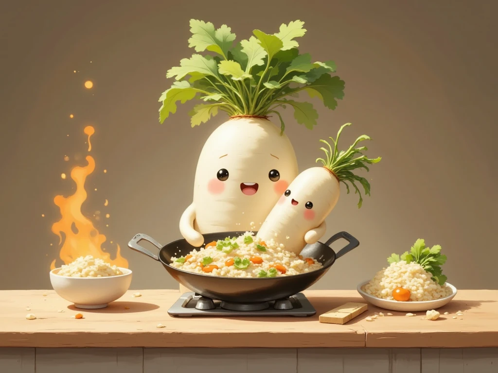 masterpiece:1.3,  cute radish,  Chinese restaurant kitchen ,  fiery stove , Large wok, Anthropomorphic daikon ,  A daikon with a headband is sifting a wok to make fried rice, I'm hurting rice containing eggs, green onions, and meat,  fried rice floats in the air ,  cooking, ((china hotel,  Chinese-style restaurant ))