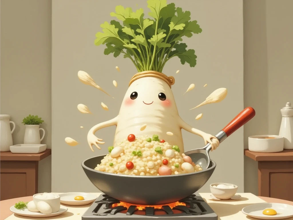 masterpiece:1.3,  cute radish,  Chinese restaurant kitchen ,  fiery stove , Large wok, Anthropomorphic daikon ,  daikon with headband flips a wok to make fried rice, I'm hurting rice containing eggs, green onions, and meat,  fried rice floats in the air ,  cooking, ((china hotel,  Chinese-style restaurant ))