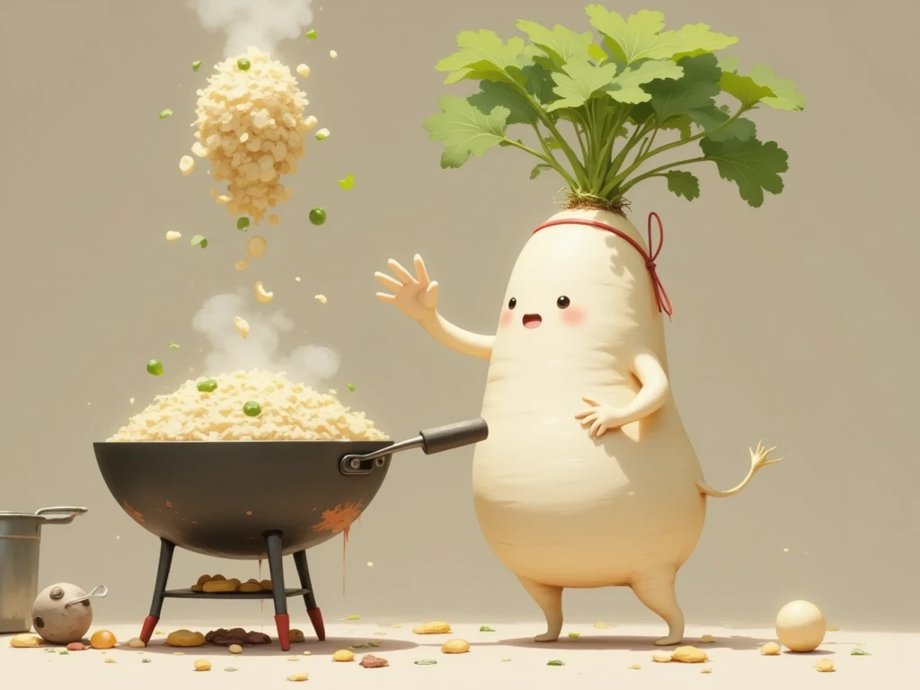 masterpiece:1.3,  cute radish,  Chinese restaurant kitchen ,  fiery stove , Large wok, Anthropomorphic daikon ,  daikon with headband flips a wok to make fried rice, I'm hurting rice containing eggs, green onions, and meat,  fried rice floats in the air ,  cooking, ((china hotel,  Chinese-style restaurant ))