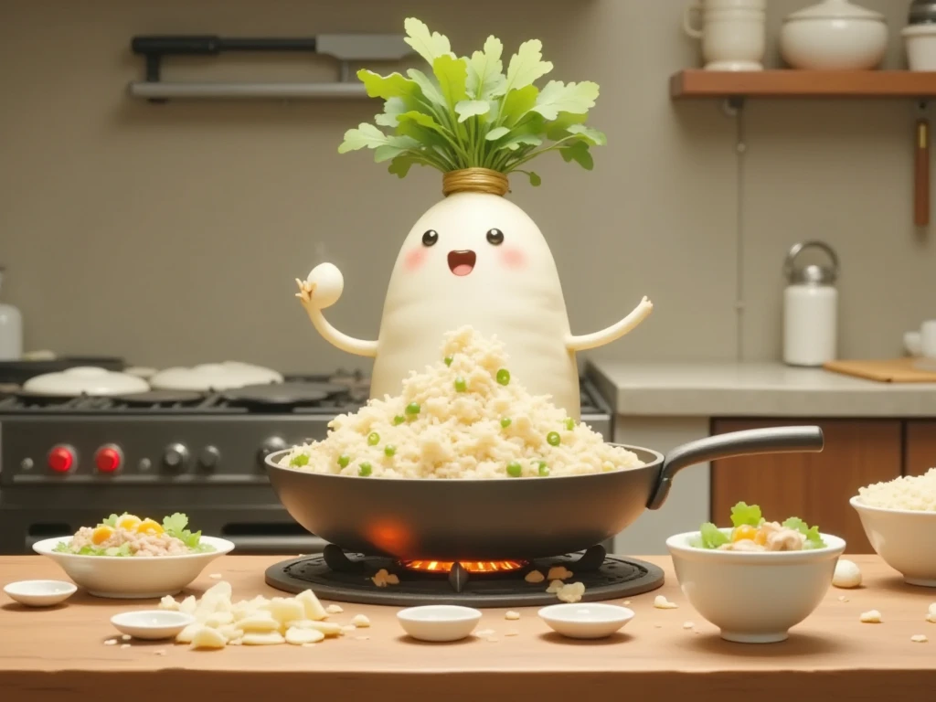 masterpiece:1.3,  cute radish,  Chinese restaurant kitchen ,  fiery stove , Large wok, Anthropomorphic daikon ,  daikon with headband flips a wok to make fried rice, I'm hurting rice containing eggs, green onions, and meat,  fried rice floats in the air ,  cooking, ((china hotel,  Chinese-style restaurant ))