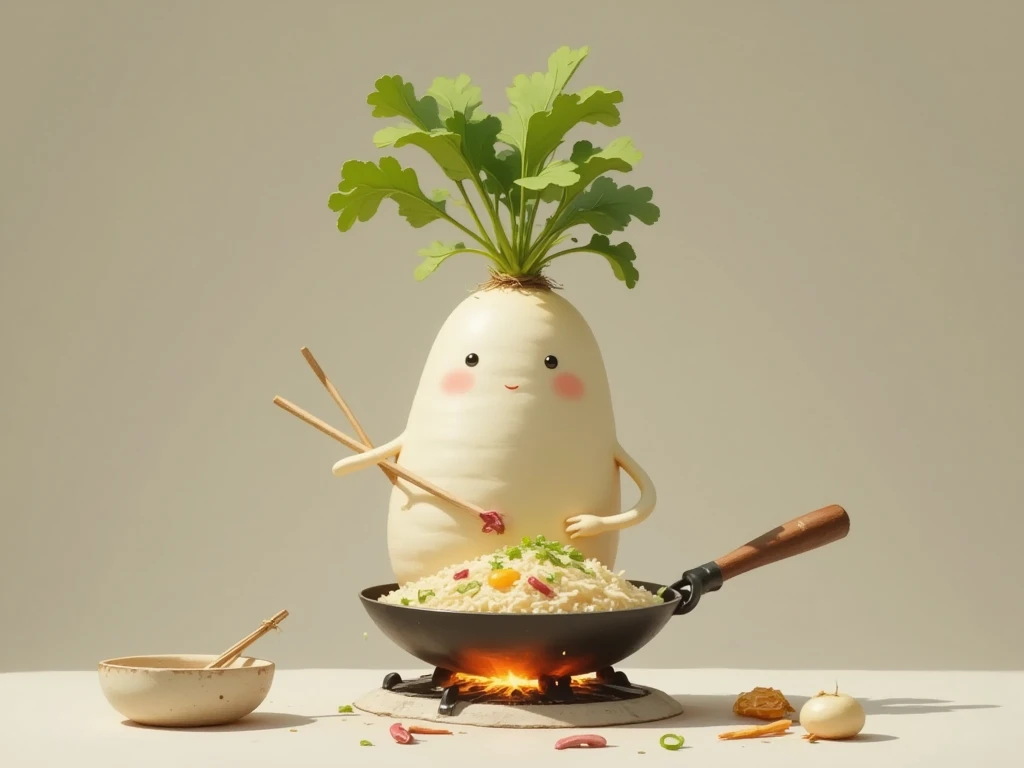 masterpiece:1.3,  cute radish,  Chinese restaurant kitchen ,  fiery stove , Large wok, Anthropomorphic daikon ,  A daikon with a headband is sifting a wok to make fried rice, I'm hurting rice containing eggs, green onions, and meat,  fried rice floats in the air ,  cooking, ((china hotel,  Chinese-style restaurant ))