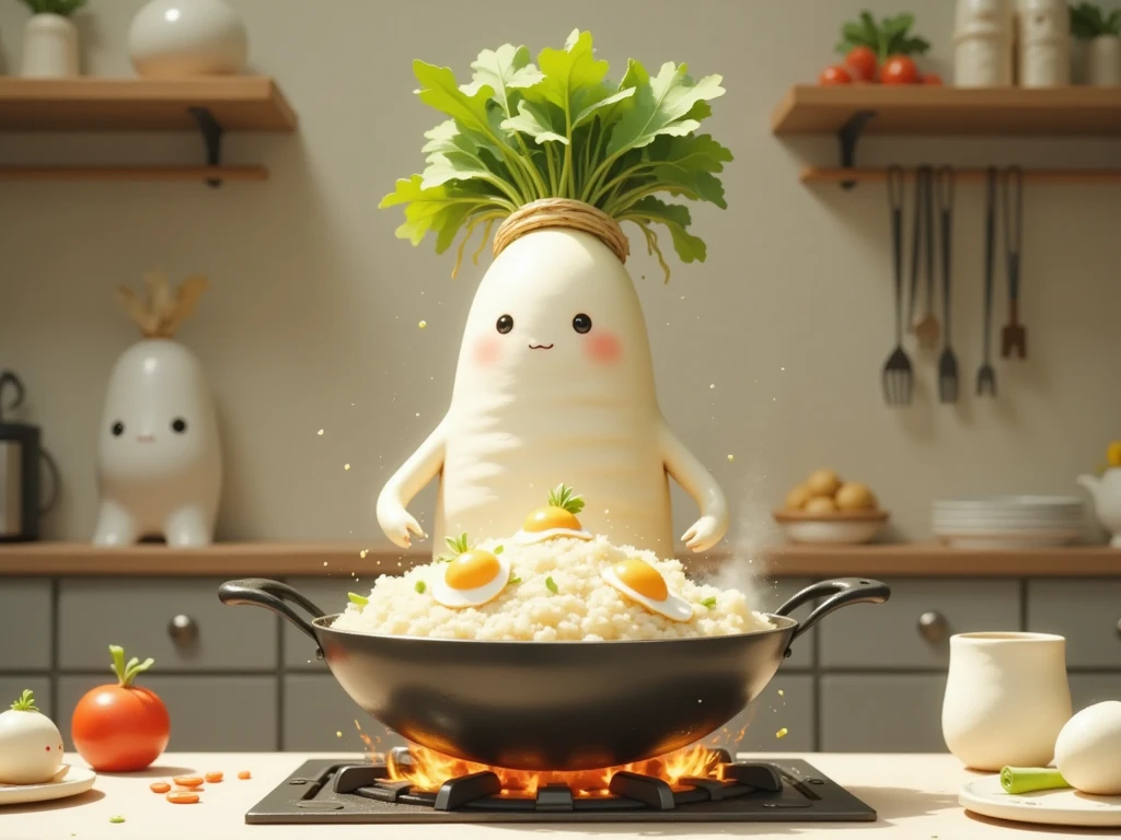 masterpiece:1.3,  cute radish,  Chinese restaurant kitchen ,  fiery stove , Large wok, Anthropomorphic daikon ,  A daikon with a headband is sifting a wok to make fried rice, I'm hurting rice containing eggs, green onions, and meat,  fried rice floats in the air ,  cooking, ((china hotel,  Chinese-style restaurant ))