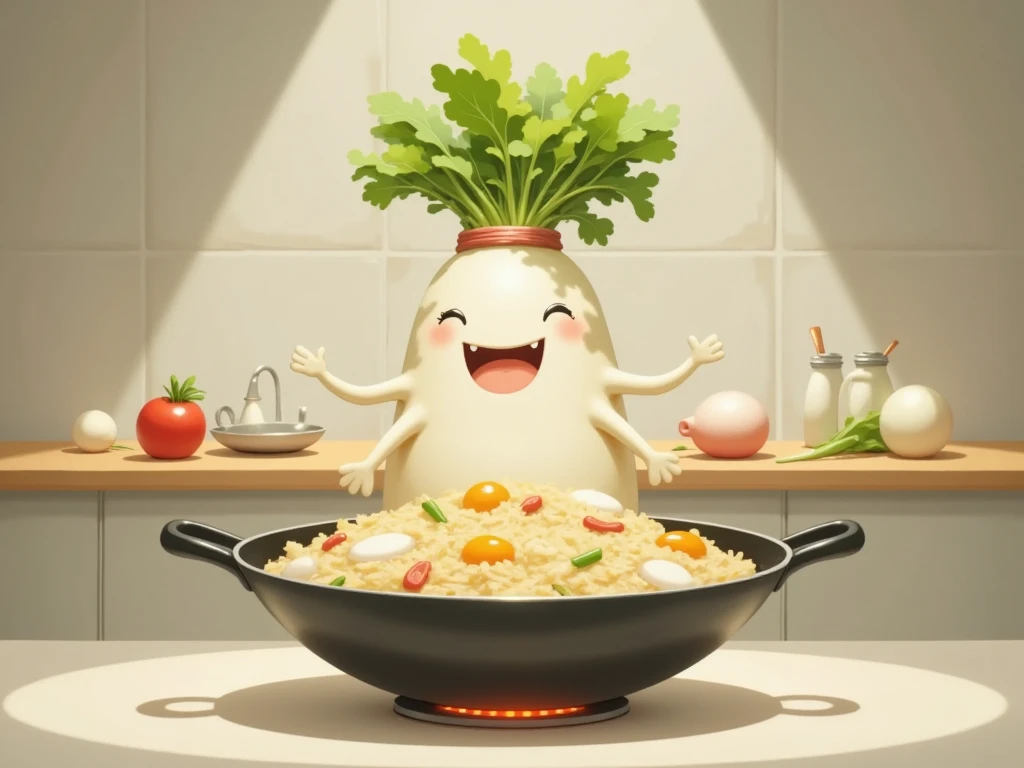 masterpiece:1.3,  cute radish,  Chinese restaurant kitchen ,  fiery stove , Large wok, Anthropomorphic daikon ,  daikon with headband flips a wok to make fried rice, I'm hurting rice containing eggs, green onions, and meat,  fried rice floats in the air ,  cooking, ((china hotel,  Chinese-style restaurant ))