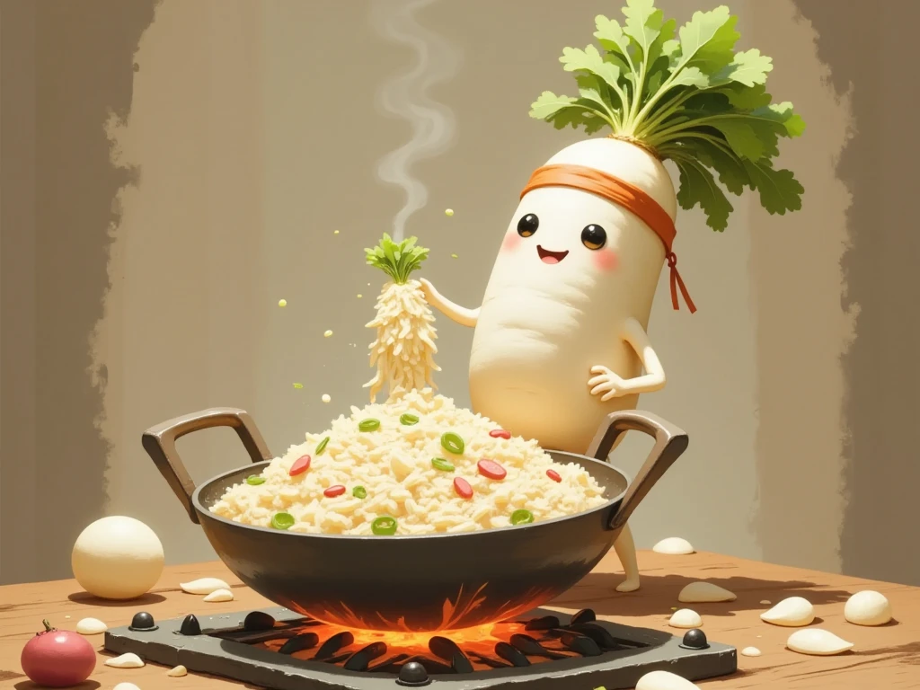 masterpiece:1.3,  cute radish,  Chinese restaurant kitchen ,  fiery stove , Large wok, Anthropomorphic daikon ,  daikon with headband flips a wok to make fried rice, I'm hurting rice containing eggs, green onions, and meat,  fried rice floats in the air ,  cooking, ((china hotel,  Chinese-style restaurant ))