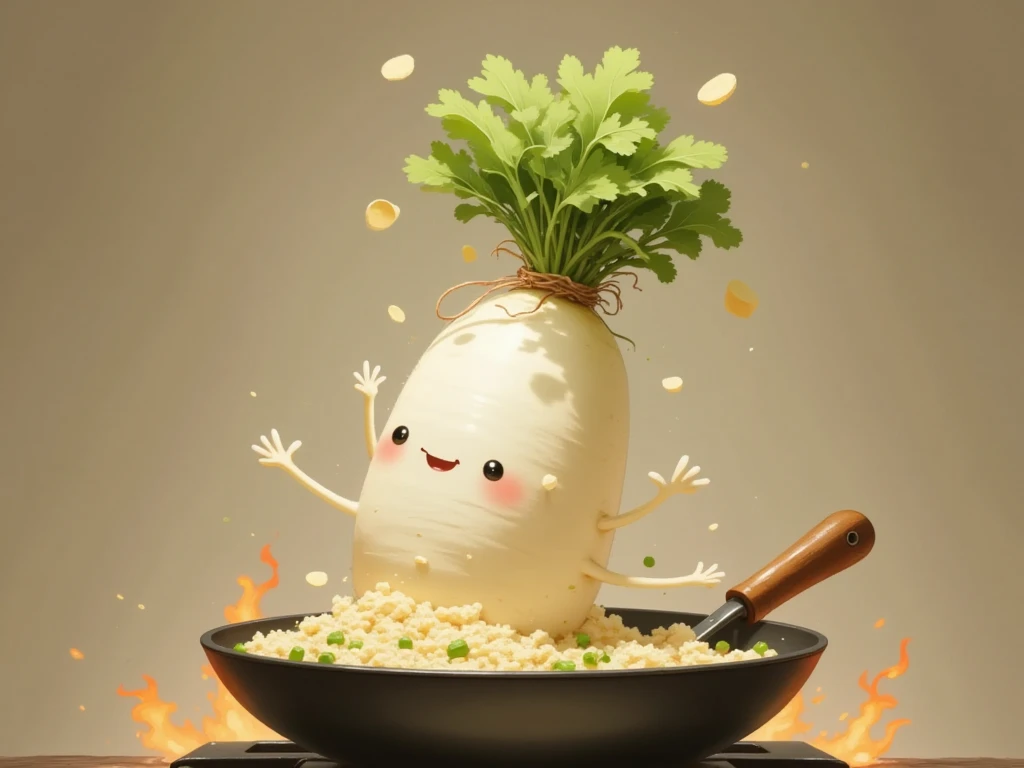 masterpiece:1.3,  cute radish,  Chinese restaurant kitchen ,  fiery stove , Large wok, Anthropomorphic daikon ,  daikon with headband flips a wok to make fried rice, I'm hurting rice containing eggs, green onions, and meat,  fried rice floats in the air ,  cooking, ((china hotel,  Chinese-style restaurant ))