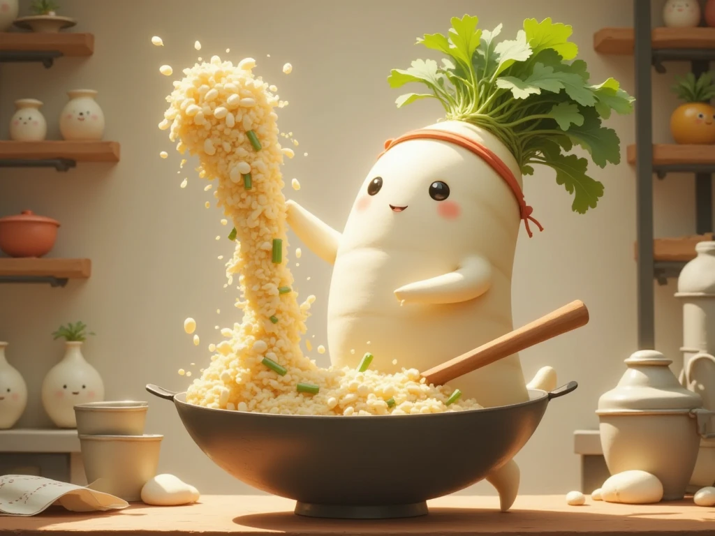 masterpiece:1.3,  cute radish,  Chinese restaurant kitchen ,  fiery stove , Large wok, Anthropomorphic daikon ,  daikon with headband flips a wok to make fried rice, I'm hurting rice containing eggs, green onions, and meat,  fried rice floats in the air ,  cooking, ((china hotel,  Chinese-style restaurant ))