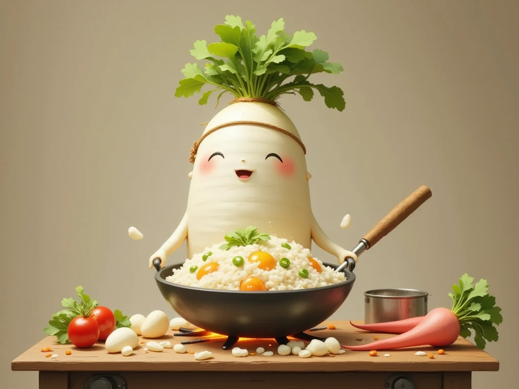 masterpiece:1.3,  cute radish,  Chinese restaurant kitchen ,  fiery stove , Large wok, Anthropomorphic daikon ,  A daikon with a headband is sifting a wok to make fried rice, I'm hurting rice containing eggs, green onions, and meat,  fried rice floats in the air ,  cooking, ((china hotel,  Chinese-style restaurant ))