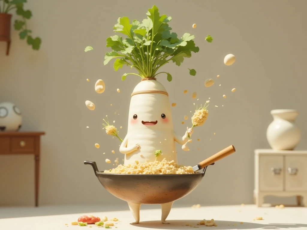 masterpiece:1.3,  cute radish,  Chinese restaurant kitchen ,  fiery stove , Large wok, Anthropomorphic daikon ,  A daikon with a headband is sifting a wok to make fried rice, I'm hurting rice containing eggs, green onions, and meat,  fried rice floats in the air ,  cooking, ((china hotel,  Chinese-style restaurant ))